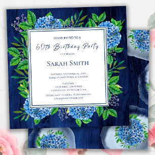 Invitation Hydrangeas Blue Rustic Wood 60e fête d'anniversair