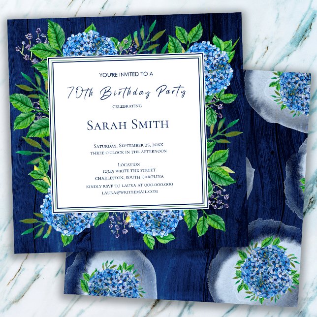 Invitation Hydrangeas Blue Rustic Wood 70e anniversaire (Créateur téléchargé)