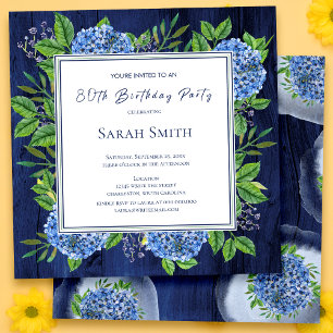 Invitation Hydrangeas Blue Rustic Wood 80e fête d'anniversair