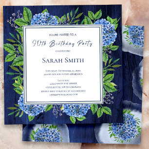 Invitation Hydrangeas Blue Rustic Wood 90e fête d'anniversair