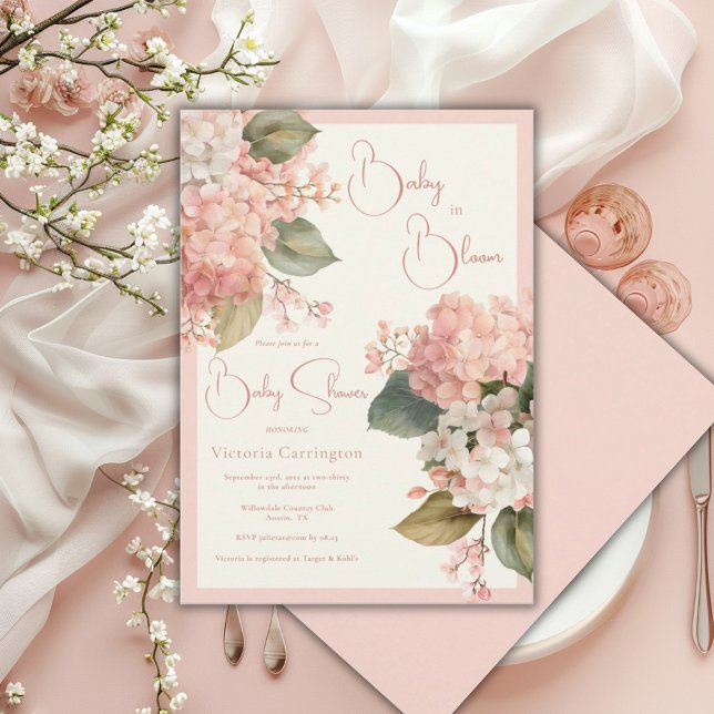 Invitation Hydrangeas Cream Pêche Bébé en Fleur Élégant (Créateur téléchargé)
