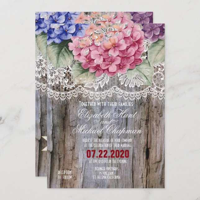 Invitation Hydrangeas dentelle et grange mariage en bois Invi (Devant / Derrière)