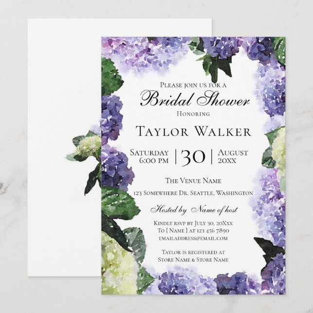 Invitation Hydrangeas Élégants à l'Aquarelle en Violet et Lav (Devant / Derrière)