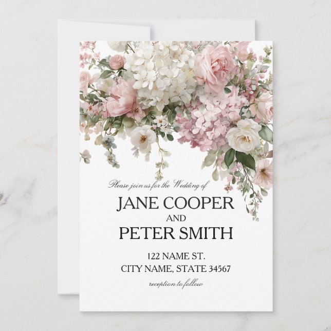 Invitation Hydrangeas et roses pastel. Mariage économique (Devant)