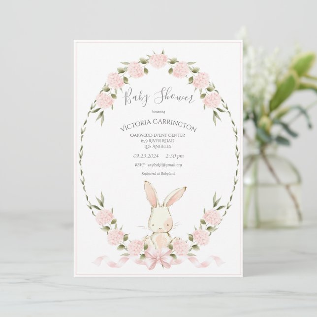 Invitation Hydrangeas Fleuris Lapin Rose Baby Shower Fille (Debout devant)