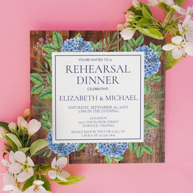 Invitation Hydrangeas Florales Bois Rustique Dîner de Répétit (Créateur téléchargé)