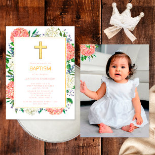 Invitation Hydrangeas Roses Élégantes Photo Baptême Croix Dor