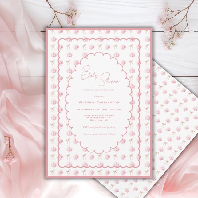 Invitation Hydrangeas roses et rubans Élégant Shower de bébé (Créateur téléchargé)