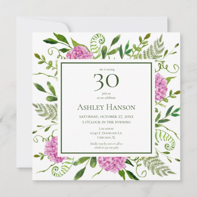 Invitation Hydrangeas roses pour 30e anniversaire (Devant)