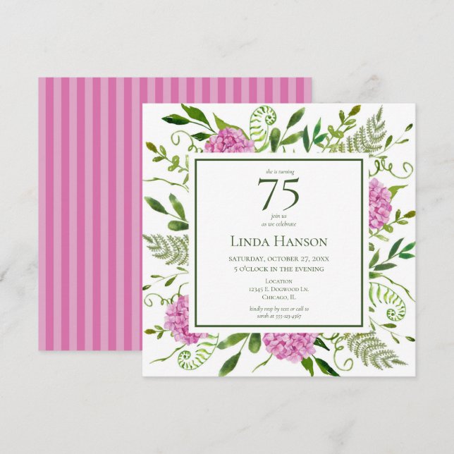 Invitation Hydrangeas roses pour 75e anniversaire (Devant / Derrière)