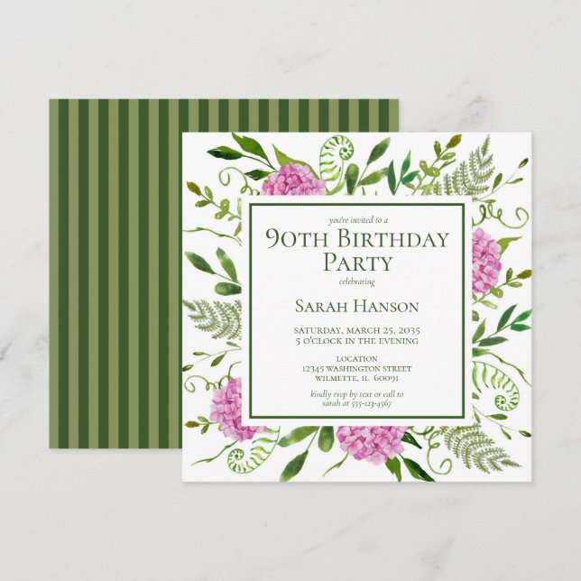 Invitation Hydrangeas roses pour 90e anniversaire (Devant / Derrière)