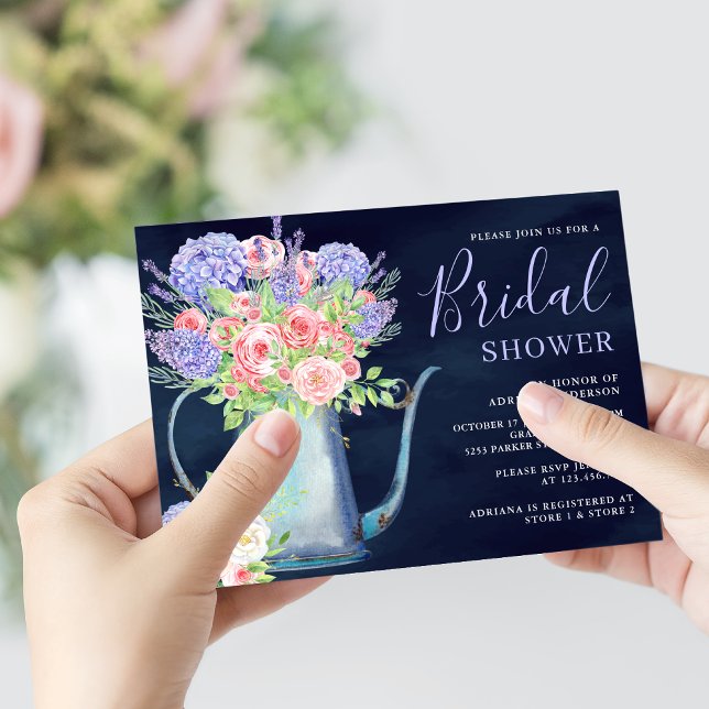 Invitation Hydrangeas Roses Roses Fushia Bleu Nuit Baby Showe (Créateur téléchargé)