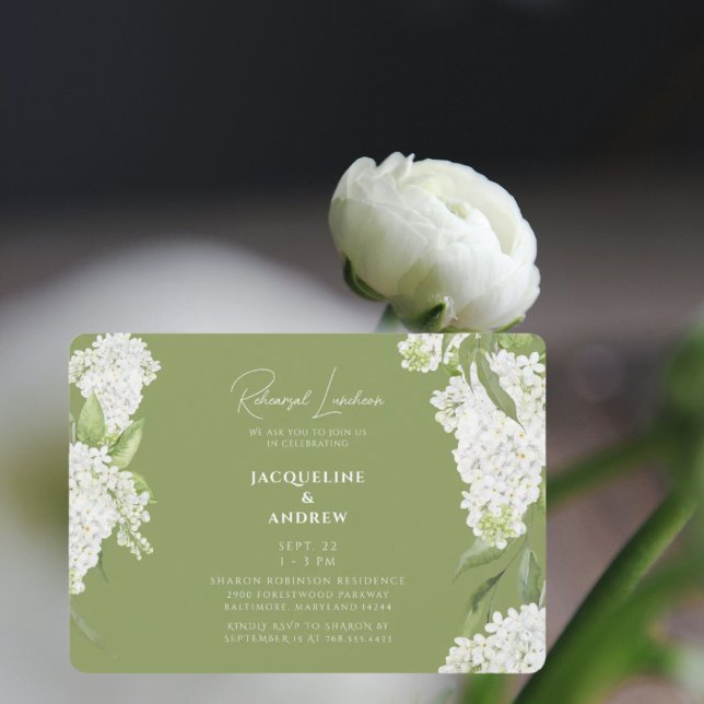 Invitation Hydrangeas Vert Mousse et Blanc Déjeuner de Répéti (Créateur téléchargé)