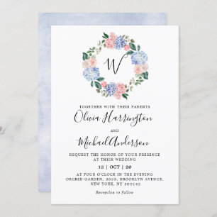 Invitation Hydrangées bleu pâle rose pastel mariage