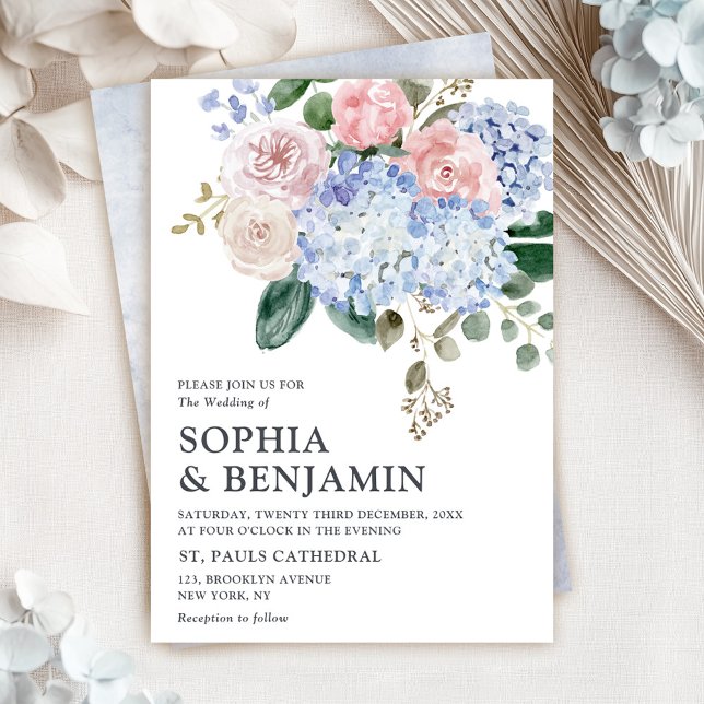 Invitation Hydrangées bleu pâle rose pastel mariage (Dusty blue pastel pink hydrangea floral wedding invitation)