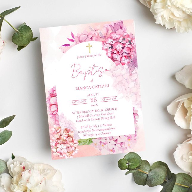 Invitation Hydrangées roses élégant arche fleurie baptême (Pink hydrangeas baptism christening gold cross invitation template)