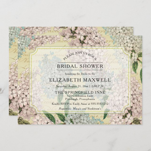 Invitation Hydrangées vintages | Fête des mariées Ephemera fr (Devant / Derrière)