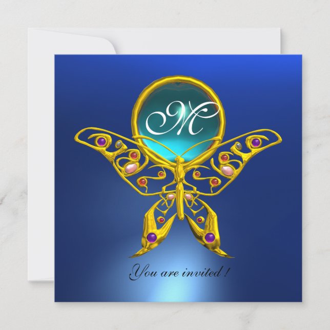 Invitation HYPER PAPILLON MONOGRAMME, bleu, turquoise aigue-m (Devant)