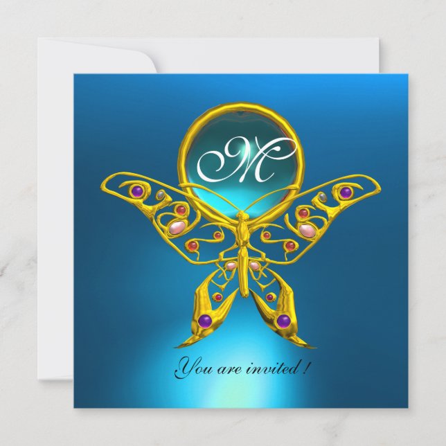 Invitation HYPER PAPILLON MONOGRAMME, bleu turquoise aigue-ma (Devant)