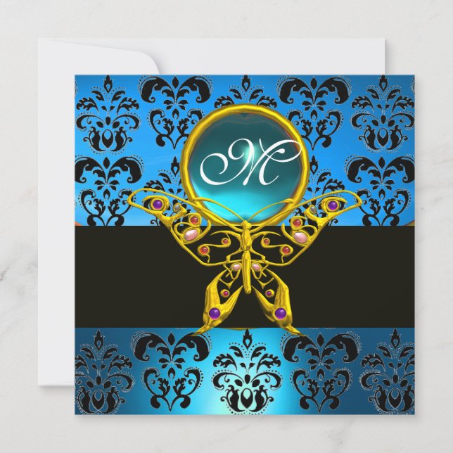 Invitation HYPER PAPILLON MONOGRAMME, damas bleu, aigue-marin (Devant)