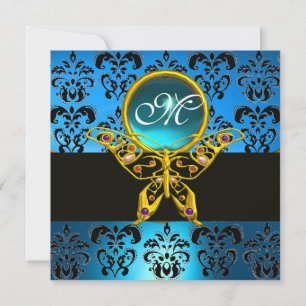 Invitation HYPER PAPILLON MONOGRAMME, damas bleu, aigue-marin