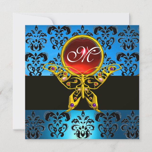 Invitation HYPER PAPILLON MONOGRAMME, damas bleu, rubis rouge (Devant)