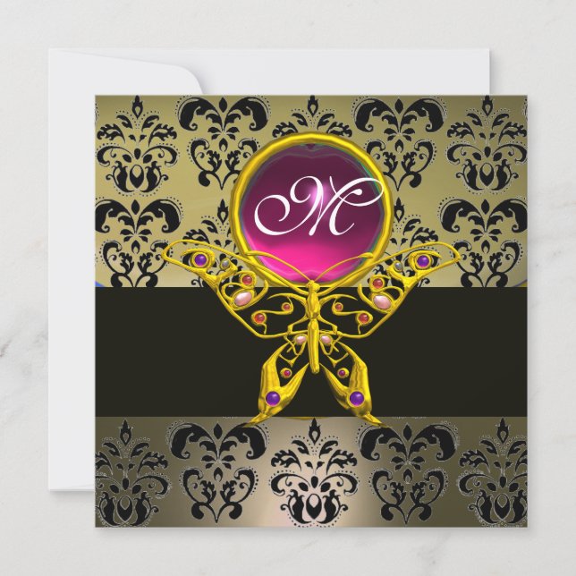 Invitation HYPER PAPILLON MONOGRAMME, gris damas rose rouge r (Devant)