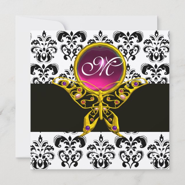 Invitation HYPER PAPILLON MONOGRAMME, noir blanc damas, rose (Devant)