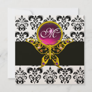 Invitation HYPER PAPILLON MONOGRAMME, noir blanc damas, rose