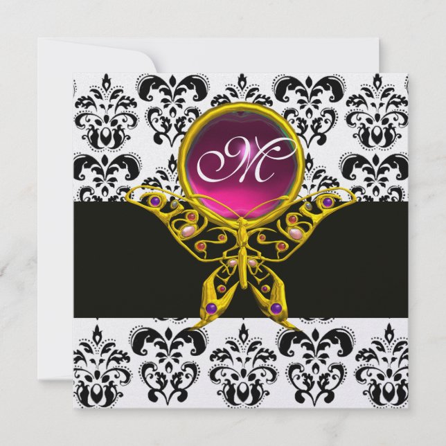 Invitation HYPER PAPILLON MONOGRAMME, noir blanc damassé, ros (Devant)