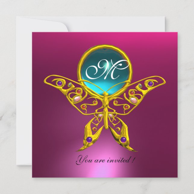 Invitation HYPER PAPILLON MONOGRAMME, rose bleu, aigue-marine (Devant)