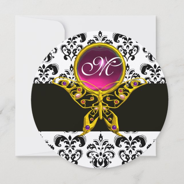 Invitation HYPER PAPILLON MONOGRAMME ROSE, damas noir blanc (Devant)
