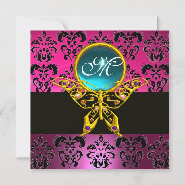 Invitation HYPER PAPILLON MONOGRAMME, rose damas violet bleu (Devant)