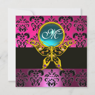 Invitation HYPER PAPILLON MONOGRAMME, rose damas violet bleu
