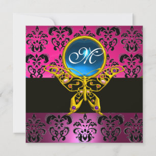 Invitation HYPER PAPILLON MONOGRAMME, rose damas violet bleu