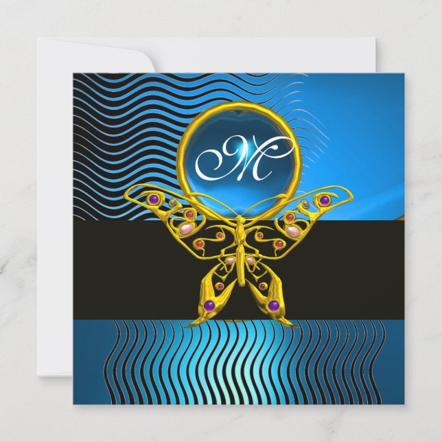 Invitation HYPER PAPILLON MONOGRAMME, vagues saphir bleu (Devant)