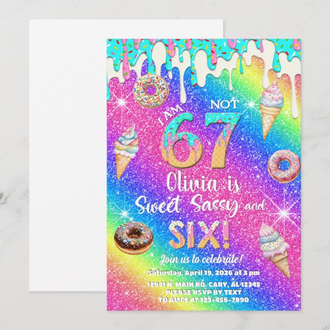 Invitation I am 6 not 7 girl 6th birthday invitation. (Devant / Derrière)