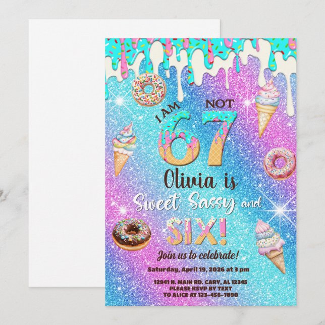 Invitation I am 6 not 7 girl 6th birthday invitation. (Devant / Derrière)