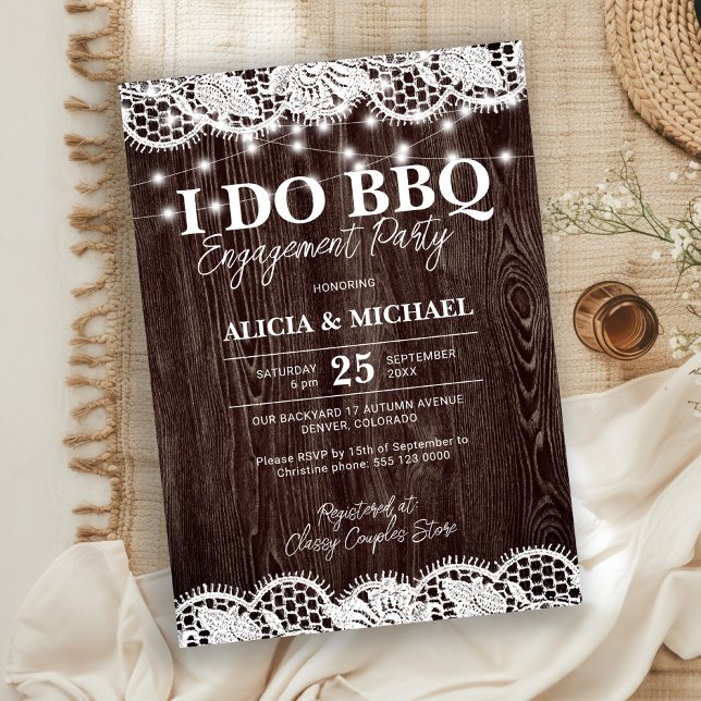 Invitation I DO BBQ rustic wood lace engagement party (Créateur téléchargé)