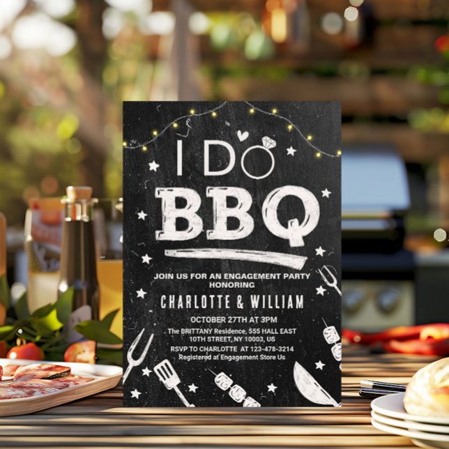 Invitation I Do BBQ String Lights Rustic Engagement Party  (I Do BBQ String Lights Rustic Chalkboard Engagement Party Invitation black and white vintage grunge )