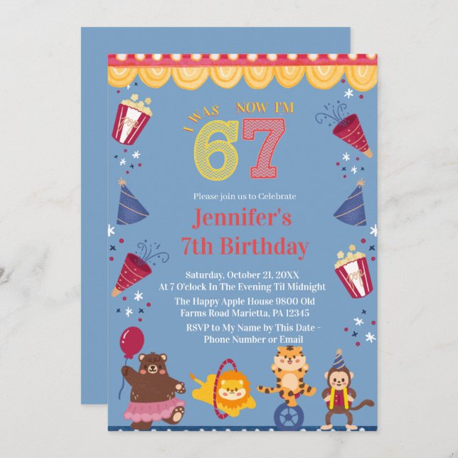 Invitation I Was 6 Now I’m 7 Circus 7th Birthday Kids (Devant / Derrière)