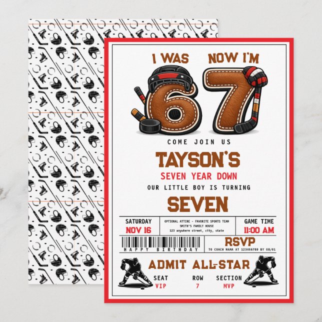 Invitation I Was 6, Now I’m 7 – Hockey 7th Birthday Party (Devant / Derrière)