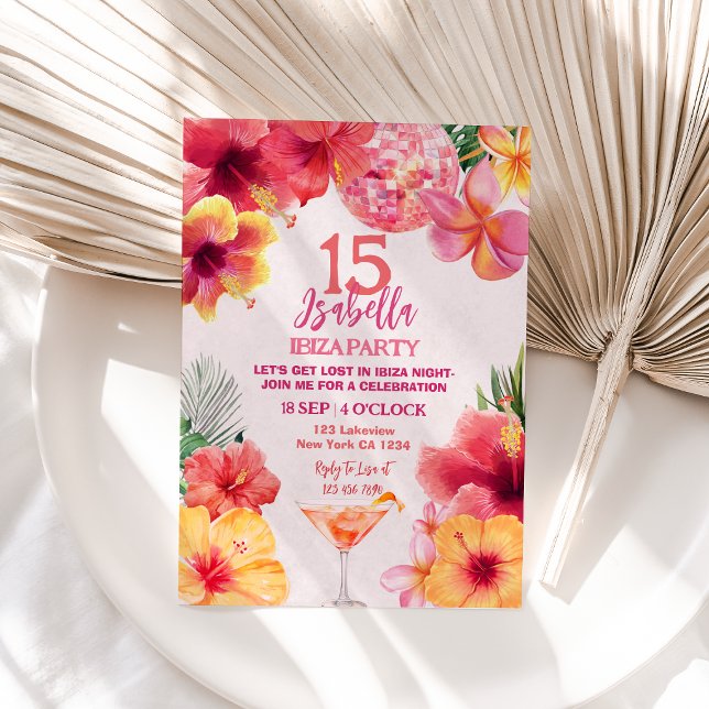 Invitation Ibiza Soirée Disco Fête d'anniversaire Tropical Fl (Ibiza Disco Party Tropical Floral Birthday Invitation)