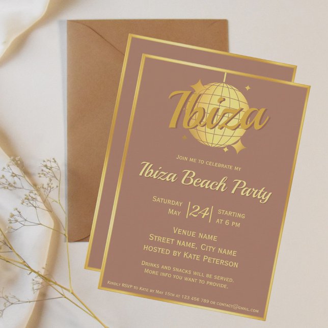 Invitation Ibiza thème eivissa or disco ballon mocha mousse (Créateur téléchargé)
