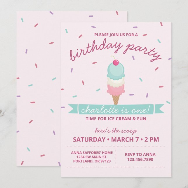 Invitation Ice Cream Cone Première fête d'anniversaire (Devant / Derrière)