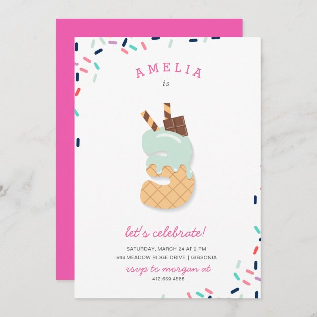 Invitation Ice Cream Party Enfants rose Anniversaire Invitati (Devant / Derrière)