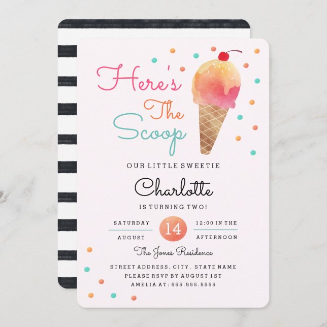 Invitation Ice Cream Party Enfants rose Anniversaire Invitati (Devant / Derrière)