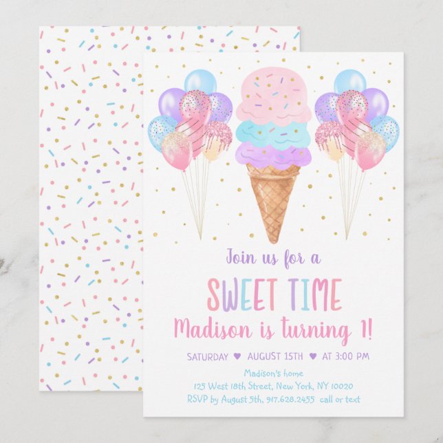 Invitation Ice Cream Pastel Rainbow Birthday (Devant / Derrière)