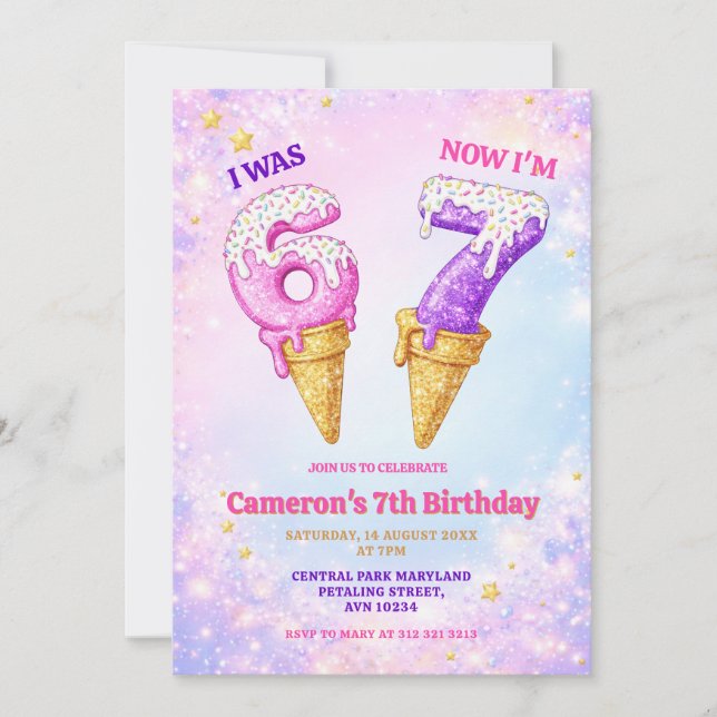 Invitation Ice Cream Pastel Sparkle 6-7 Kids Birthday Party (Devant)