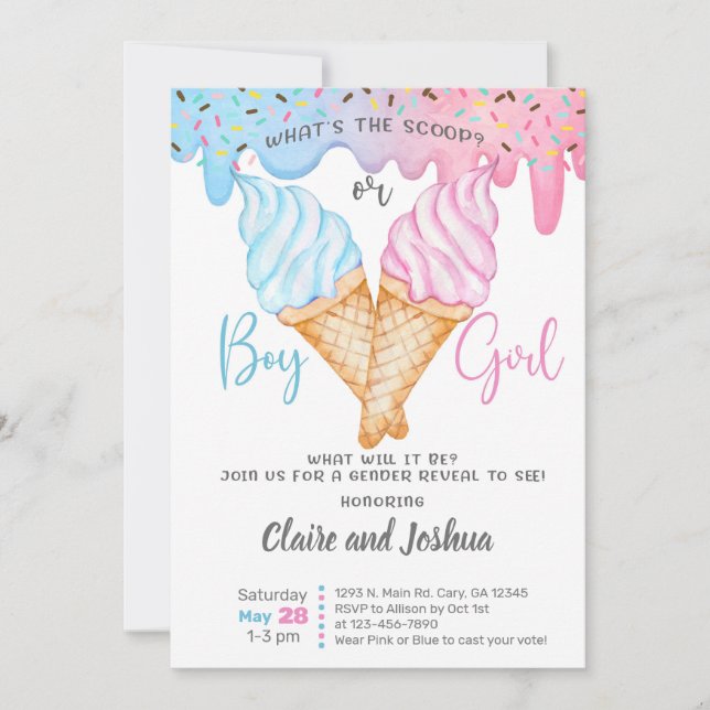 Invitation Ice Cream Scoops Gender Reveal invitation. (Devant)